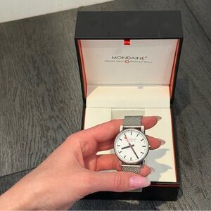 Mondaine Silver Mesh Watch with White Face